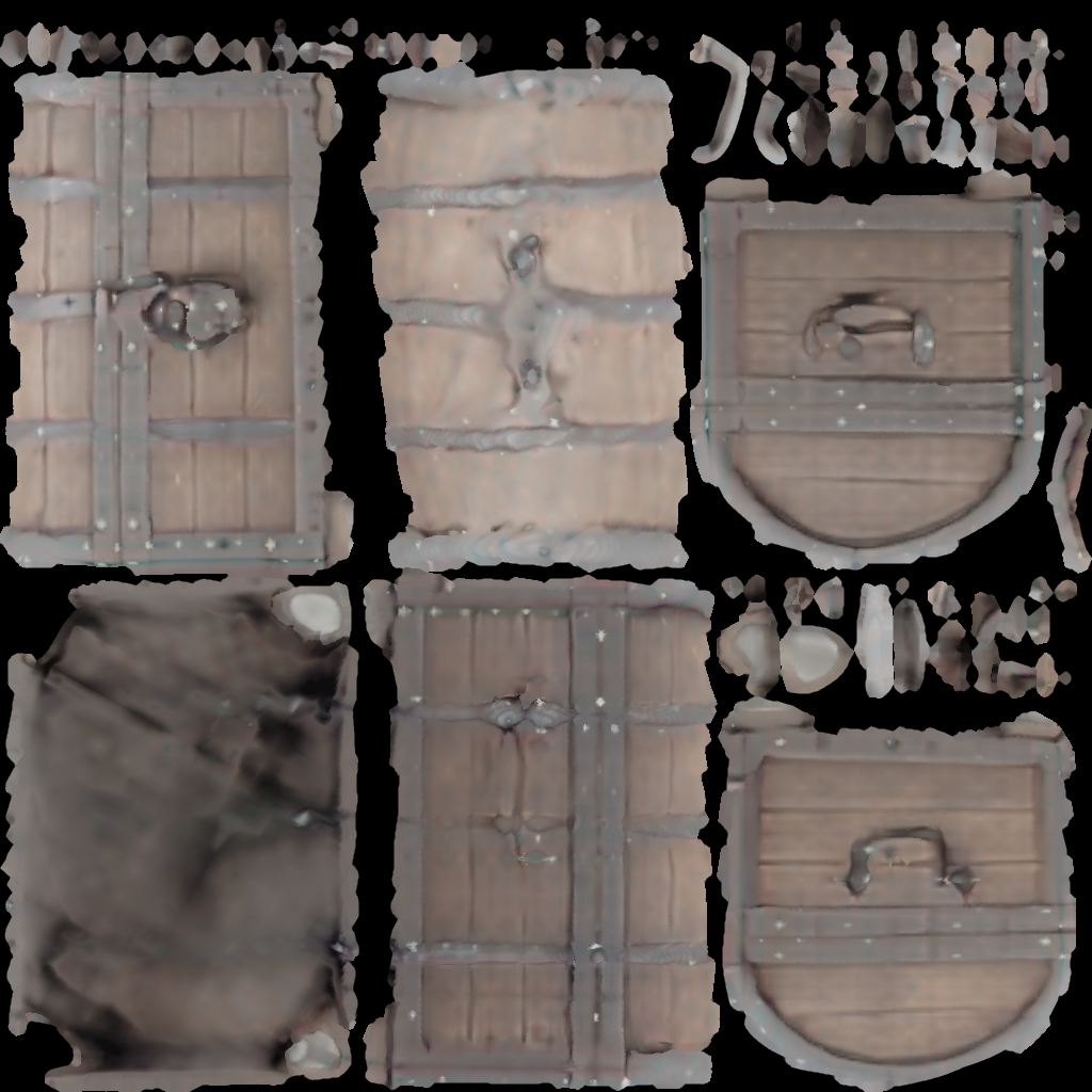 the baked UV atlas: wood planks, iron bands, rivets