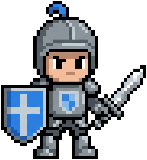 pixel-art knight sprite with a blue shield