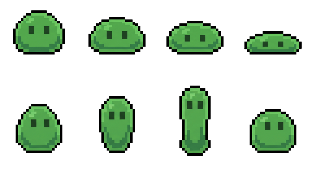 4x2 sprite sheet of a green slime squashing and stretching
