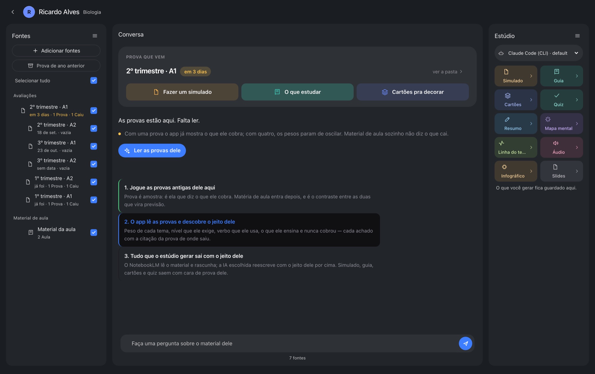 A tela de Estudos: as avaliações à esquerda, cada arquivo com o papel dele — prova, o que caiu, aula — e o estúdio com os dez formatos à direita