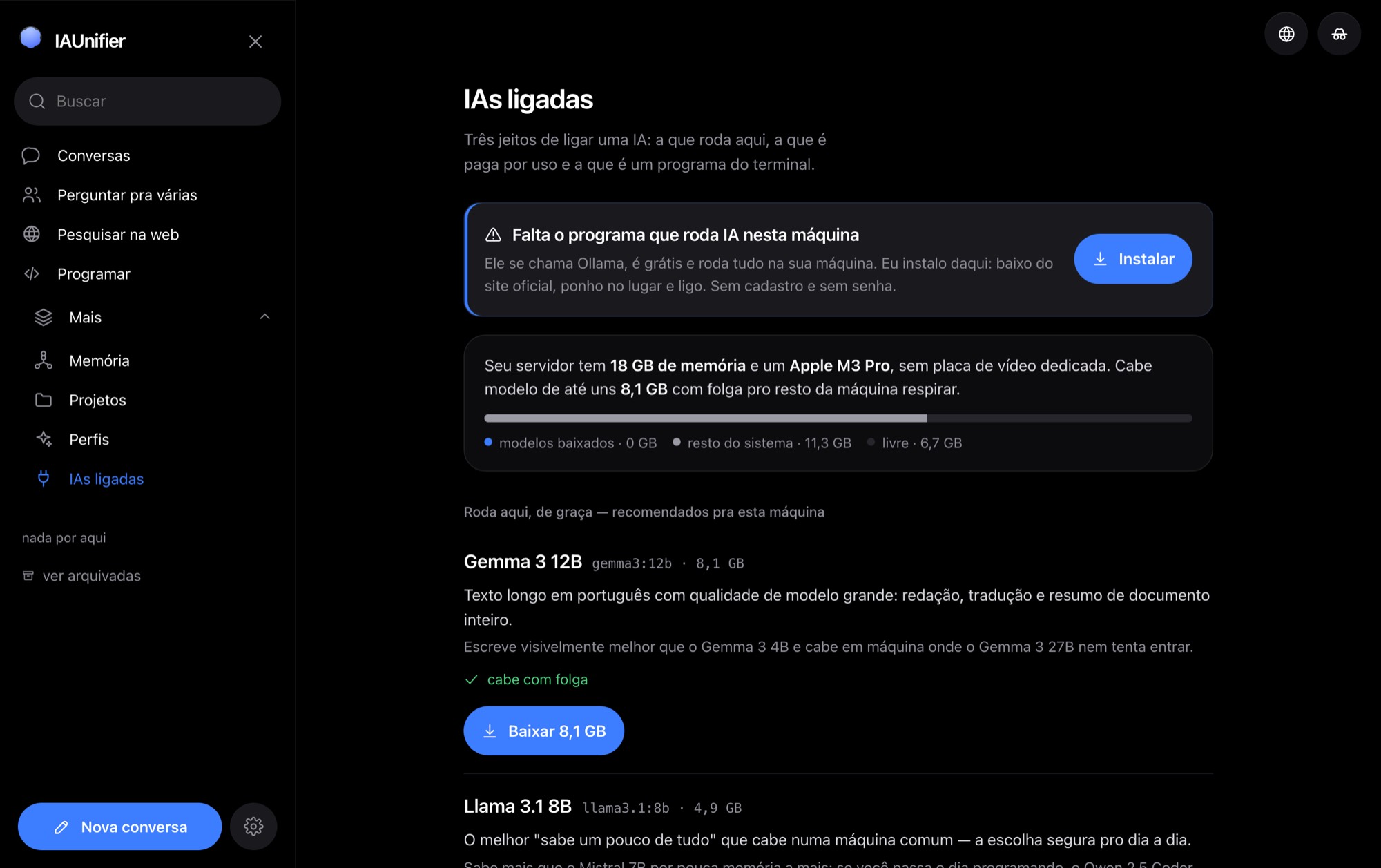 Tela IAs ligadas: a memória RAM e o processador da máquina descritos em português, e os modelos recomendados pra ela
