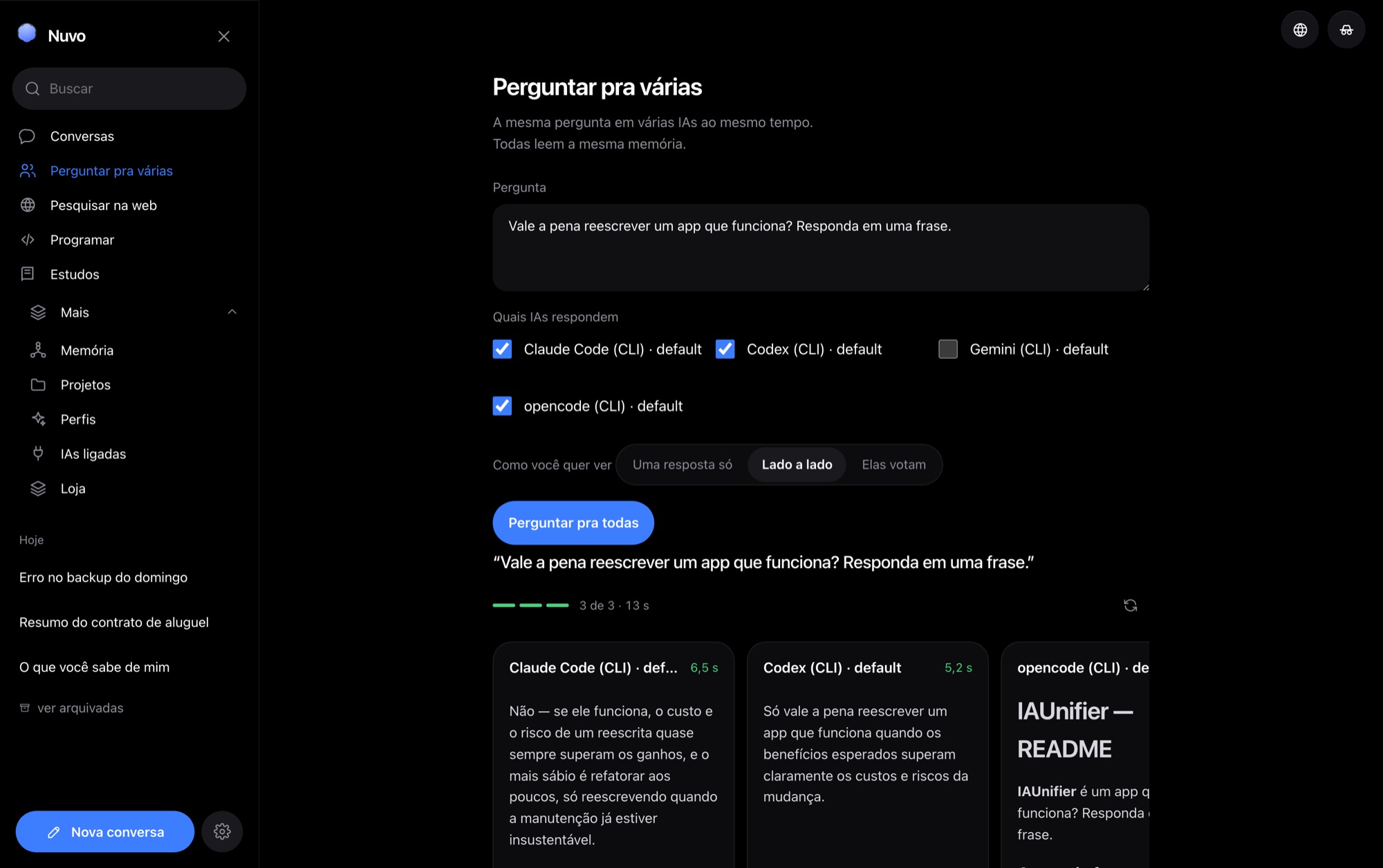Tela Perguntar pra várias: a pergunta, a barra de progresso e três IAs respondendo lado a lado, cada uma com o tempo que levou