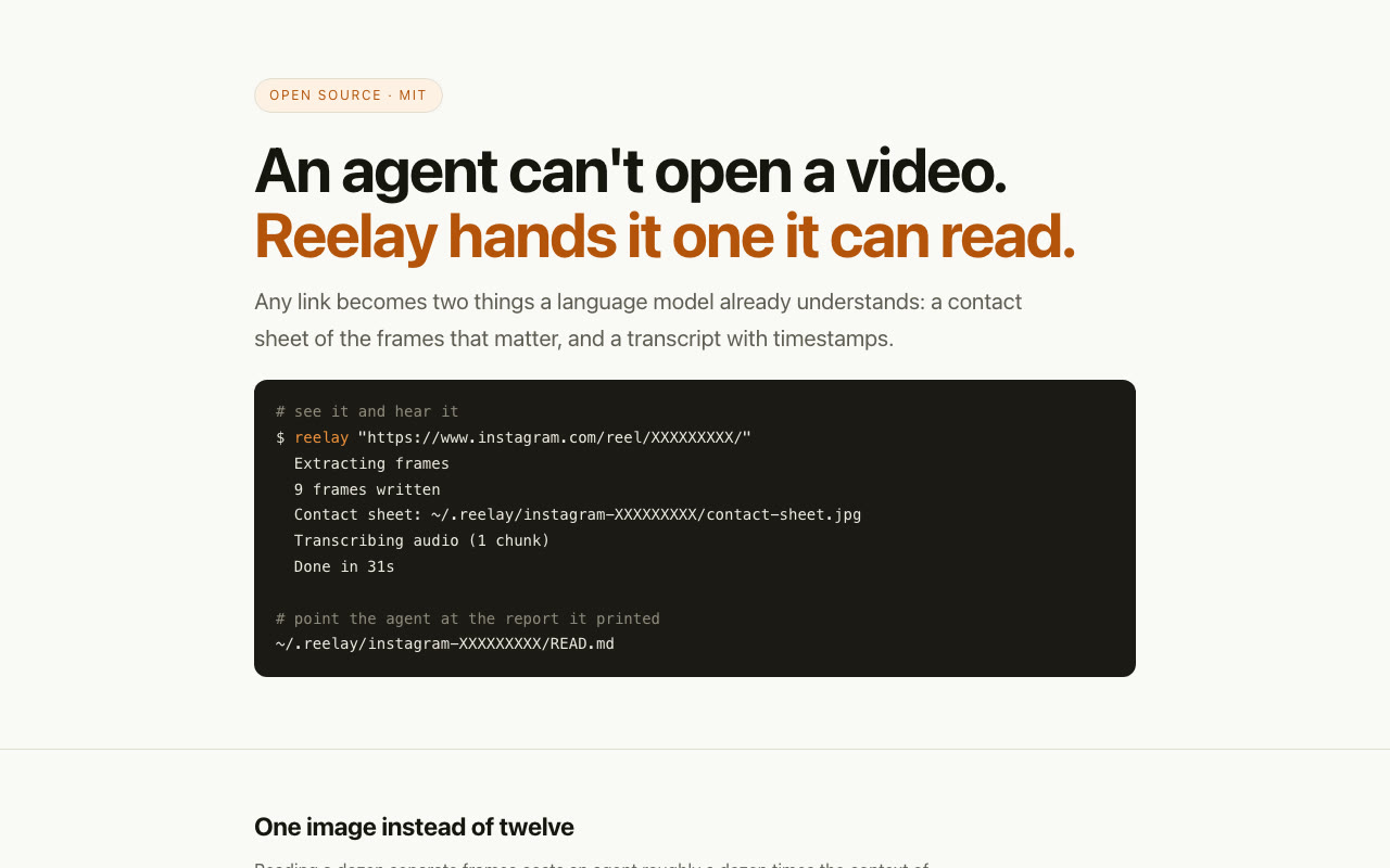 Reelay project showing a video transformed into frames and a transcript