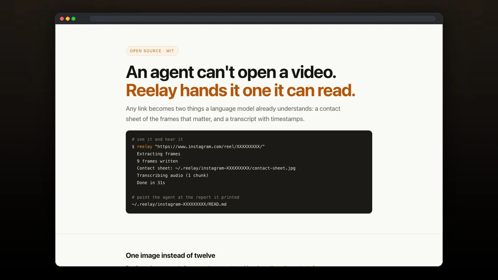 Reelay project showing a video transformed into frames and a transcript